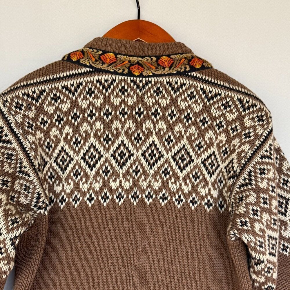 Women's Brown Fair Isle Cardigan Sweater with Embroidered Trim - Picture 10 of 16